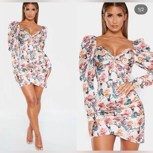 Nude Rose Print Puff Sleeve Twist Detail Dress
(PrettyLittleThing)